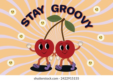Cartoon retro mascot of a cheerful cherry. Color vector illustration in 60s, 70s vintage style. The clipart is isolated on a white background. Fashionable groove illustration. Animation style.