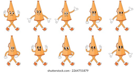 Cartoon retro megafon. film making accessorie character with cute cheerful emotions, hands and legs. Vector cinematography person set