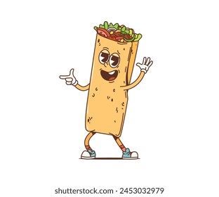 Caricatura retro mexicano burrito groovy personaje de baile y gestos al ritmo funky de la música disco. Vector aislado shawarma cómico personaje de comida rápida, bailarina nostálgica vintage con vibras de los años 60 o 70