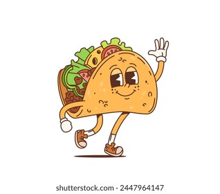 Caricatura retro mexicano taco groovy personaje o funky comida rápida, Vector personaje de cómic. Taco feliz del groovy con la cara y el gesto de la mano del saludo de Hi en el arte hippie o de la historieta del hipster de los años 70 para la comida rápida divertida