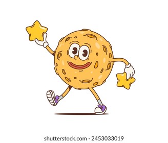 Cartoon retro moon groovy character with twinkle stars. Isolated vector psychedelic celestial body personage with craters, gloves, sneakers and wide grin exudes a laid-back, vintage 60s or 70s vibes