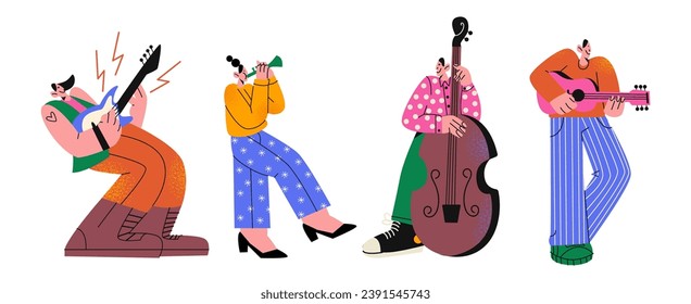 Cartoon retro musical characters in the style of the 90s. people play musical instruments.	Guitarist, violinist, rock singer, trumpeter. Concept of a musical concert, acid groovy people
