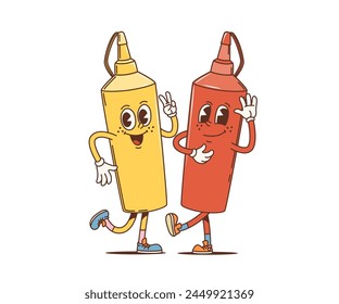 Cartoon retro mustard and ketchup bottles groovy characters. Isolated vector funky personages duo, add flavor and flair to nostalgic condiment adventure. Funny vintage hippie mustard and tomato sauce