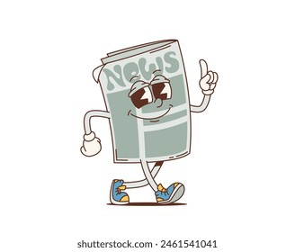 Caricatura retro periódico personaje groovy con cara sonriente feliz. Vector vintage lindo papel de noticias de medios impresos personage. Página psicodélica hippie del periódico diario con atención gesto de la mano