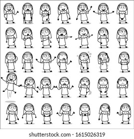 Cartoon Retro Nun Lady Character Poses - Set of Concepts Vector illustrations