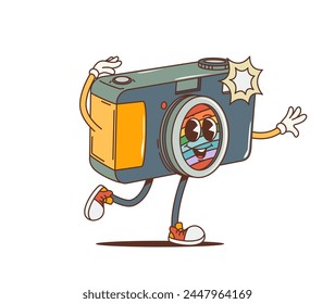 Cartoon retro photo camera groovy character as hippie of 70s, vector funky art. Happy groovy photo camera with rainbow lens and flash on smiling face, 70s hippie or hipster funny cartoon character