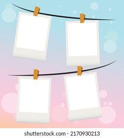 Cartoon retro photo frames hanging on rope by clip. With colorful gradient color background, flat style design, vector, illustration, EPS10