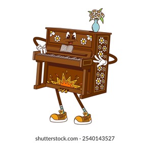 Cartoon retro piano groovy instrumento musical personagem. Personagem vetor isolado com rosto sorridente e adesivos de flores tocando em si mesmo promove Aulas de música educacional para crianças ou loja de músicos