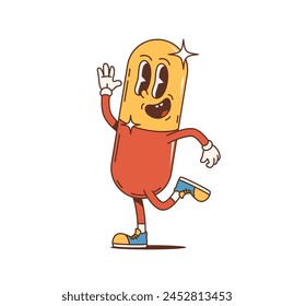 Cartoon retro pill groovy character as hippie of 70s with funky face, vector funny art. Groovy cactus pill medicine with silly smile dancing, 70s hippie or freaky hipster cartoon emoji character