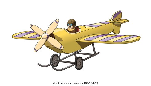 Cartoon Retro Pilot in his Purple and Yellow Plane. EPS-10 vector format 