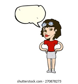 cartoon retro pilot woman with speech bubble