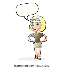 cartoon retro pilot woman with speech bubble