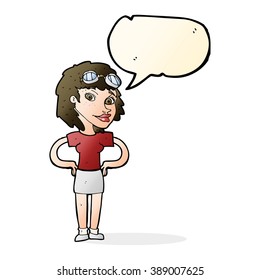 cartoon retro pilot woman with speech bubble