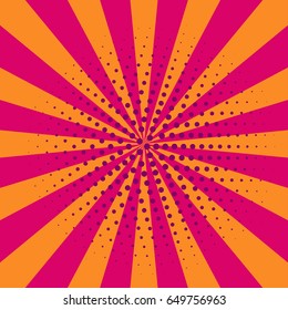 Cartoon retro pink and orange pop art card, banner, flyer with rays. Vector illustration of explosion, burst.