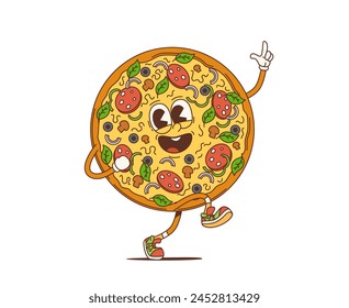 Cartoon retro pizza groovy character celebrate party and dance. Isolated vector vibrant, hippie, whole pepperoni fast food personage with wide, cheesy grin, exudes a cool, funky vibes of 60s or 70s