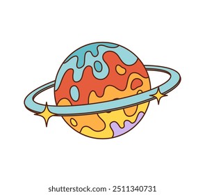 Planeta retrô dos desenhos animados em uma arte hippie groovy dos anos 70 ou 80, símbolo vetorial. Espaço de desenhos animados planeta Saturno com fluxo de lava psicodélica e estrelas de galáxia brilham em estilo hippie retro dos anos 70 ou 80 para adesivo funky