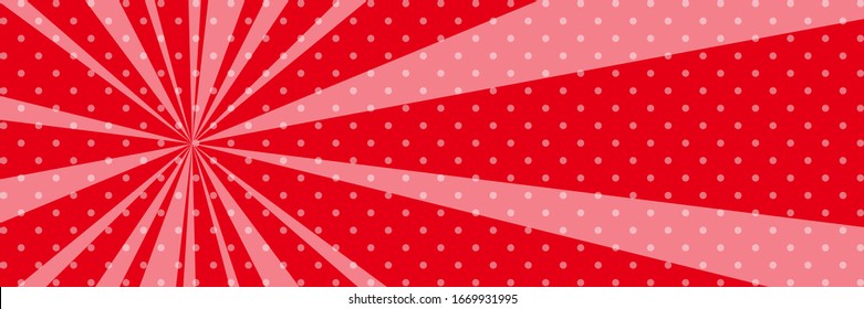 Cartoon retro pop art banner with sunbeam, dots on a red banner and the sun's rays , vector illustration