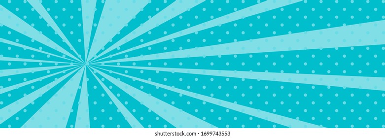 Cartoon retro pop art banner with sunbeam, dots on an azure banner and the sun's rays , vector illustration