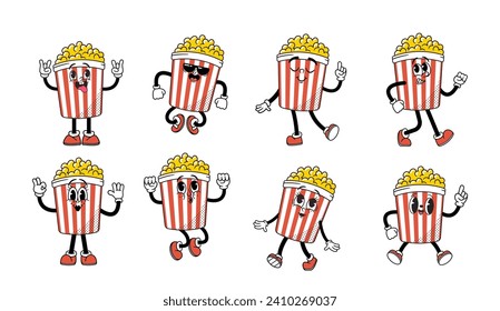Cartoon Retro Popcorn Bucket Character With A Buttery Smile And Vintage Charm. Fast-food Sensation, Vector Set