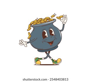 Cartoon retro pot groovy character with golden coins for Saint Patrick Day holiday, vector personage. Funny cauldron pot groovy character with leprechaun golden coins for Irish St Patrick Day holiday