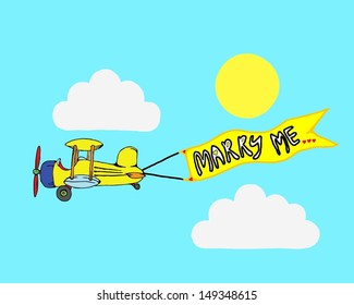 Cartoon of a retro propeller airplane flying through the blue sky carrying an advertisement banner with the text Marry Me.