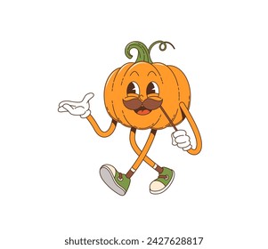 Cartoon retro pumpkin vegetable groovy character dons thick, twirly props mustaches. Isolated vector Halloween or Thanksgiving colorful, playful, psychedelic veg personage, exuding fun, vintage vibe