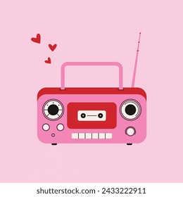 Cartoon retro radio player. Vintage doodle radio boombox with antenna, old music hand device for listening music. Vector trendy flat illustration