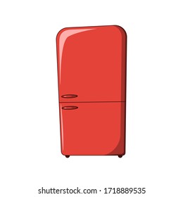 cartoon retro red fridge isolated on white, vector stock illustration