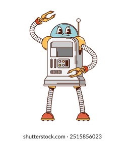 Cartoon retro robot, groovy funky character of mechanical android, vector game toy. Funny retro robot or electronic cyborg droid with gripper hands and antenna, cosmic alien droid bot with happy face