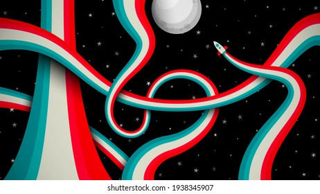 Cartoon retro rocket spaceship to the moon background vector illustration.