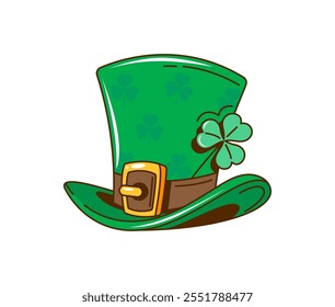 Cartoon retro Saint Patrick day top hat of leprechaun for Irish holiday, vector symbol. Irish St Patrick day green cylinder hat with shamrock clover and golden buckle Ireland national holiday festival