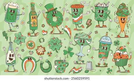 Cartoon retro Saint Patrick day groovy characters. Pastry, sweets and drink vector personages of St Patricks holiday. Funny groovy beer, cocktail and coffee, psychedelic shamrock clovers and rainbow