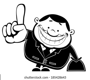 Cartoon retro salesman pays attention. Vector EPS8. Black and white