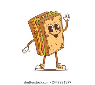 Cartoon retro sandwich groovy character or funky fast food, vector comic personage. Happy groovy sandwich toast with funny smiling face and Hi hand gesture, 70s hippie or hipster fastfood cartoon art