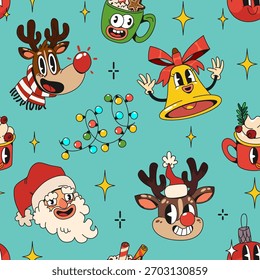 Cartoon retro seamless pattern with groovy Christmas elements. Vector holiday illustration with vintage xmas characters, funky Santa head and winter bells, jolly decorations. Trendy comic y2k design.