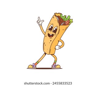 Cartoon retro shawarma groovy character dance energetically, moving and gesturing to the funky beat of disco music. Isolated vector burrito comic fast food personage, vintage nostalgic shawarma dancer