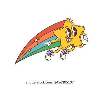 Caricatura retro estrella de tiro groovy personaje. Vector aislado lindo y divertido personaje de brillo con colorido rainbow trail. Alegre tono celestial emanando alegría y positividad con su sonrisa feliz