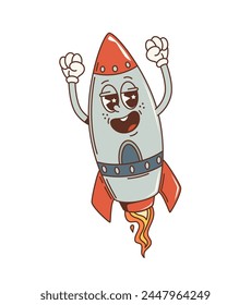 Cartoon retro spaceship rocket groovy character, 70s hippie or funky art, vector comic personage. Funny groovy rocket on launch startup with stars in eyes, 70s hippie or hipster cartoon character