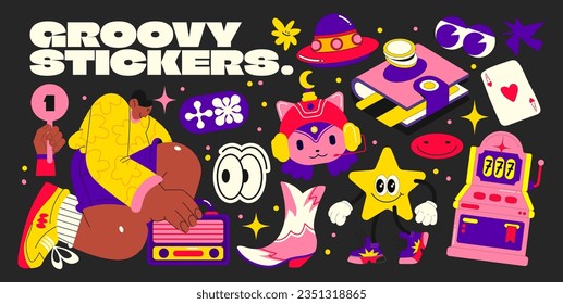 Cartoon retro stickers 90s elements. Abstract cool doodle characters, comic vector patches and stamps