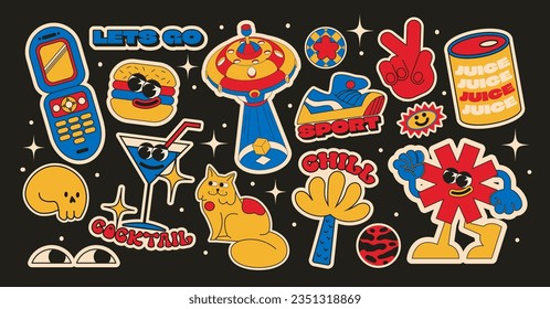 Cartoon retro stickers 90s elements. Abstract cool doodle characters, comic vector patches and stamps