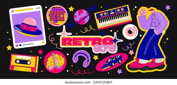 Cartoon retro pegatinas elementos de los 90. Resumen de caracteres de doodle geniales, parches de vectores cómicos y estampillas	