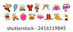 Cartoon retro stickers comic characters. Blots abstract shapes with emotions. Vector doodle groovy funky mascots in 90s style