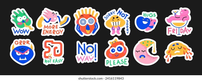 Cartoon retro stickers comic characters. Blots abstract shapes with emotions. Vector doodle groovy funky mascots in 90s style
