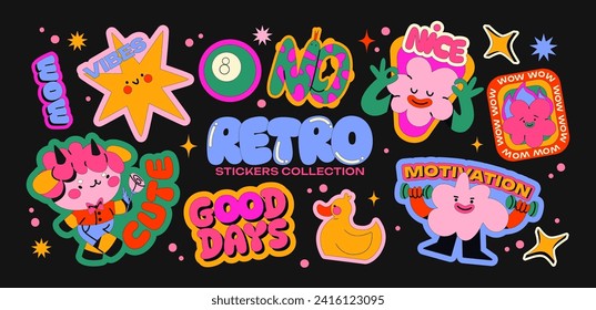 Caracteres cómicos de los stickers retro de dibujos animados. Luminosos parches de moda, etiquetan emociones. Mascotas funky con doodle vectorial al estilo de los años 90