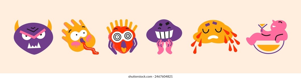 Cartoon retro stickers comic characters. Blots abstract shapes with emotions. Vector doodle groovy funky mascots in 90s style	