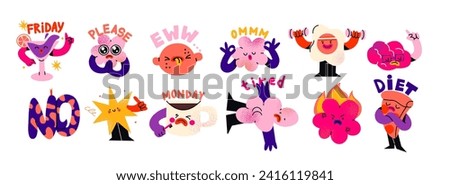 Cartoon retro stickers comic characters. Blots abstract shapes with emotions. Vector doodle groovy funky mascots in 90s style