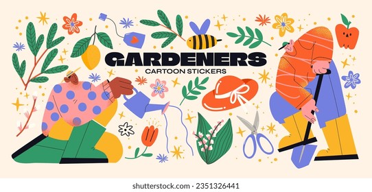 Cartoon retro stickers garden characters gardeners, flowers, plants, leaves. Garden, farm and agriculture. Hobby gardener, groovy elements