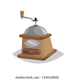 Cartoon retro style coffe grinder icon. Coffee mill comic vector illustration. Coffee shop and restaurant symbol. Isolated on white background.