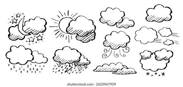 Colección de nubes de estilo retro de dibujos animados que representan varias condiciones de Clima como la nieve, la lluvia y el viento. Elementos de símbolos dibujados a mano para diseños educativos, digitales o de Clima