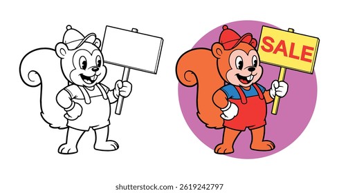 Cartoon retro style squirrel holding a banner with copy space. Sale mascot design. Vector flat character 